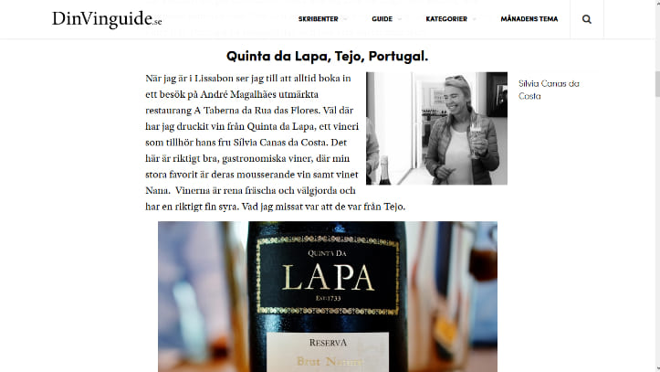 Quinta da Lapa featured on the Swedish wine and food guide DinVinguide.se